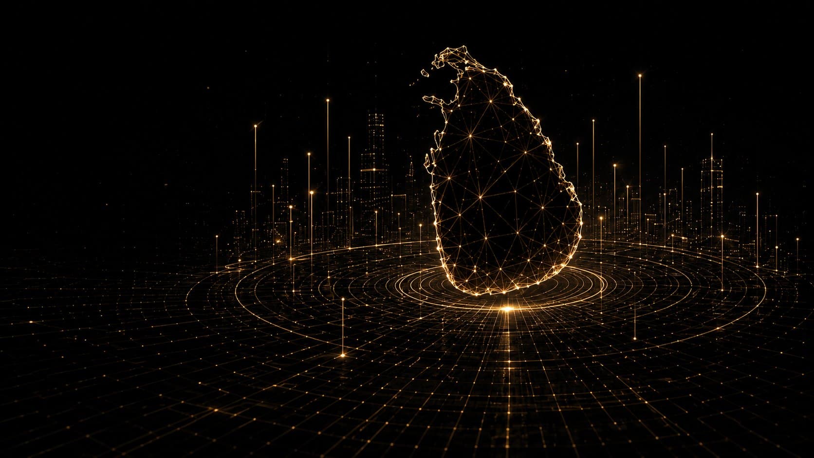 Digital map of Sri Lanka rendered as a gold network of connected nodes over a dark grid, symbolising the nation's digital infrastructure