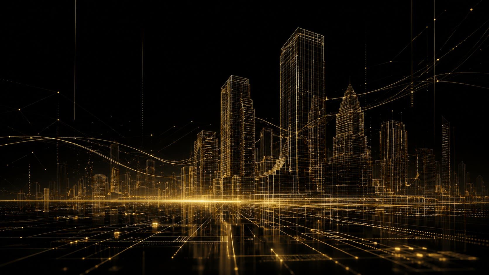 Gold wireframe city skyline connected by light trails, representing collaborative digital infrastructure