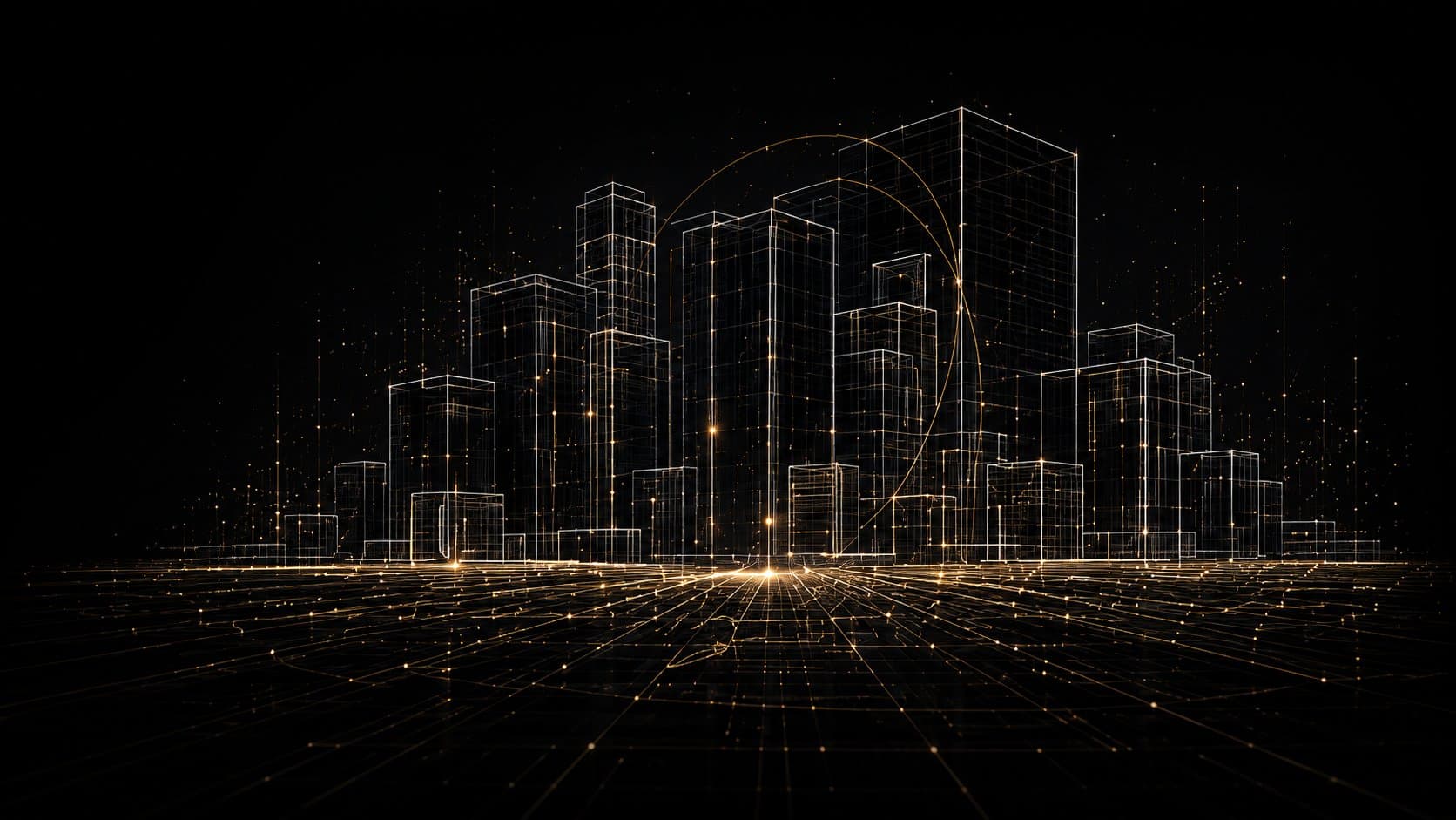 Wireframe rendering of a future city skyline in gold and white lines on a black background, representing built digital infrastructure